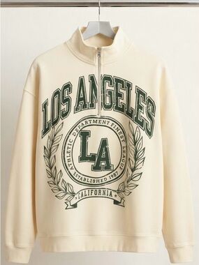 Cream Zip-Up Sweater with Green Los Angeles Graphic